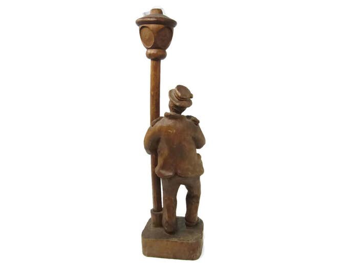 Vintage German Hand Carved Wooden Drunk with Lamp Post | Folk Art Statue | Wood Carving Man Lamp Post | Primitive Wood Carved Statue Mom