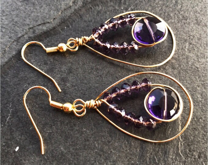 Gold purple earrings, Purple earrings, purple gold earrings, wire wrapping earrings, Purple jewelry, lavander earrings