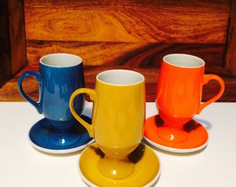 LaGardo Tackett Porcelain Schmid Demitasse, Midcentury Mod, Orange Espresso Set of 3 Small Cups