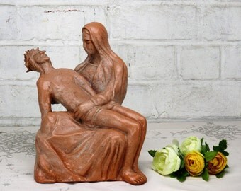 Ceramic Pieta Brown Statuette Jesus Christ Virgin Mary Holy Mother 1950s Signed
