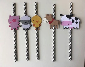 10 Farm animals paper straws. set of 10. Birthday party. Cow,pig,lamb,horse,chick