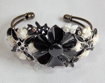 Vintage Assemblage Cuff Bracelet in Black and White Enamel Flowers