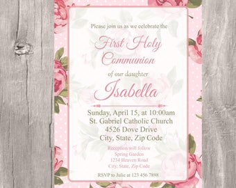 First Holy Communion Invitation, Pink Roses Holy First Communion Printable Invite, Girl Pink Holy Communion, Invitacion Primera Comunion