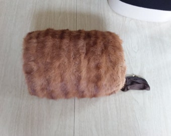 Vintage Fur Muff with attache Coin Purse--Light Brown with Dark Brown Satin Lining