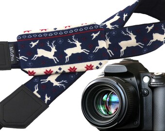 Christmas camera strap with lens pocket. Deer camera strap. White reindeer. Blue and red Christmas ornaments. Christmas gifts. Xmas fashion.