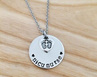nicu nurse, nicu nurse graduate, nicu nurse gift, nurse necklace, gift for nicu nurses, baby feet necklace, hand stamped necklace, Thank you