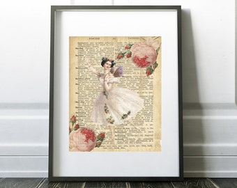 Ballerina Fairy with Roses, Dictionary art, Digital Download, Printable Art, Home Decor, Little girls room, Babies and Kids room,