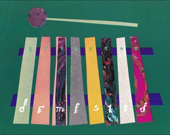 X for xylophone musical instrument 60's mid century children's illustration retro nursery decor Brian Wildsmith 7.25x9.75 inches