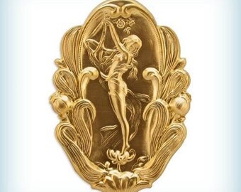Brass Stamping Art Nouveau Lady, Nymph Pendant, Raw Brass Stamping Fairy Oval Embellishment ~ AMERICAN MADE