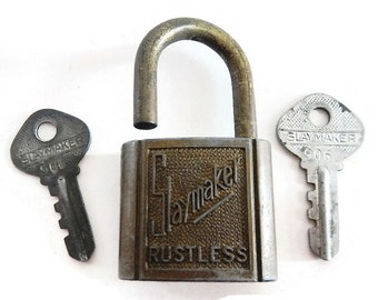 Vintage Slaymaker Rustless Lock and Keys - metal, industrial, hardware, rustic decor, made in USA, steampunk, padlock, craft supply,supplies