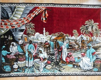 Vintage Wall Tapestry - Morocco, Moroccan - 1968 - Middle East scene, Mideastern, Northern Africa, desert, vibrant colors, rug