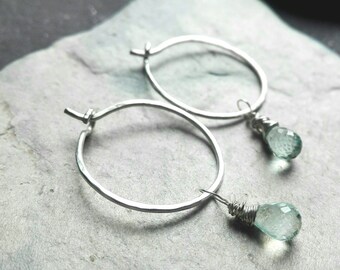Sterling silver aquamarine hoop earrings