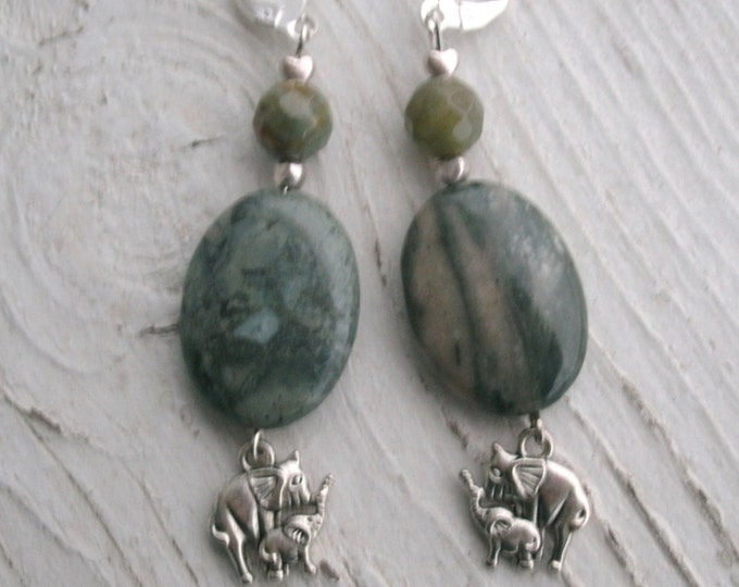 Elephant and Jasper Earrings, momma and baby elephant charms, , Jasper beads, gift, oval flat beads, round beads, silver plated leverbacks