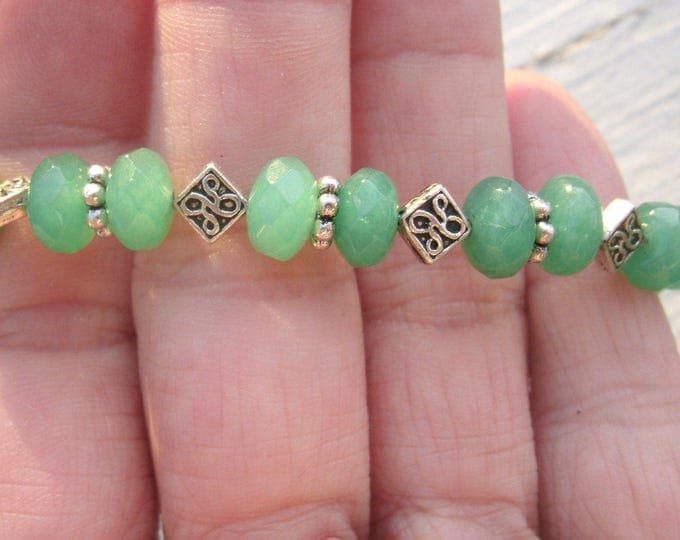 Jade Gemstone Beaded Bracelet - ON SALE! green with silver decorative beading, magnetic closure, great gift, handmade bracelet, beaded