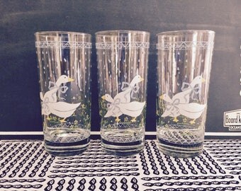 Vintage Anchor Hocking Spring Geese Rain Shower Drinking Glasses. Set of 3