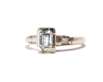 SALE | Emerald Cut Engagement Ring | Vintage | Illusion Setting | White Gold | 14k | Size 6 | Item 79816