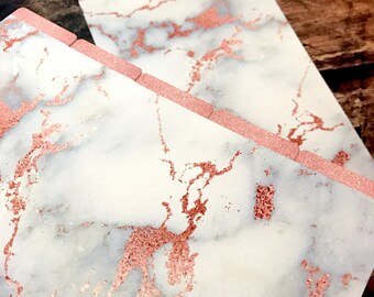 Set of 5 Planner Dividers for A5 and Personal standard 6 ring planners. Duets. Marble and Rose Gold. NO glitter or foil