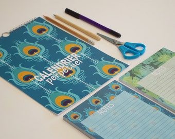 perpetual calendar with peacock pattern, Birthday calendar, blue