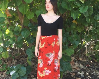 Vintage Red Tropical Hawiian Maxi Skirt Size S/M