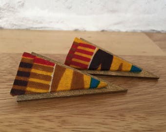 Orange Kente earrings, wooden african earrings, triangle earrings, African Print fabric earrings, gift for her, Christmas gift, UK shop