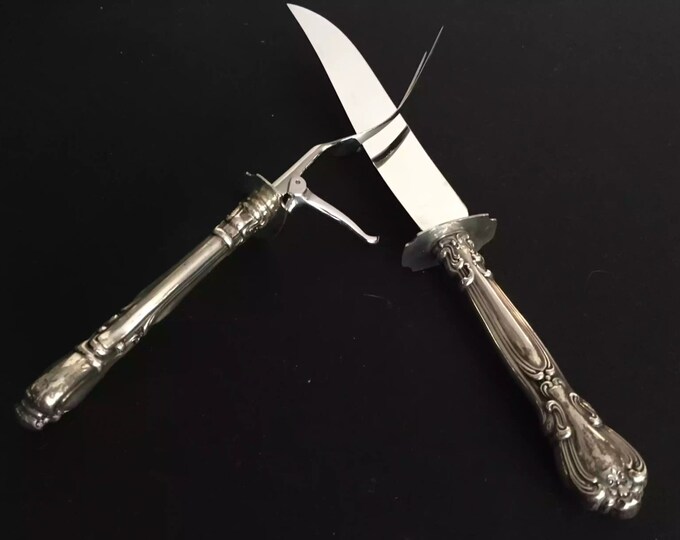 Storewide 25% Off SALE Vintage Buckingham 1910 Gorham Sterling Silver French Blade Carving Knife & Meat Fork Set Featuring Timeless Inscribe
