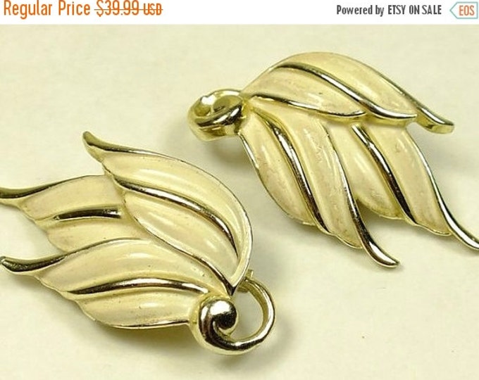 Storewide 25% Off SALE Lovely Vintage Emmons Designer Signed Earrings Featuring Timeless Gold Tone Setting and Wing Style Cream Enamel Style