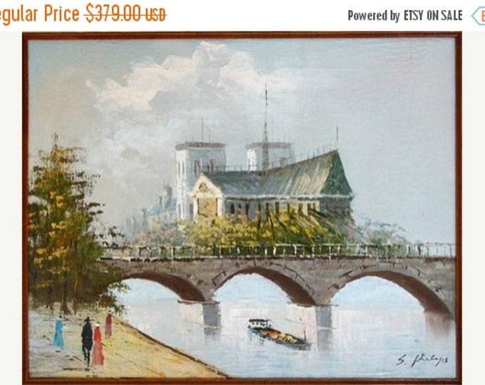 Storewide 25% Off SALE Original Artist Signed Oil on Canvas Large Painting of Bridge over a Waterway Featuring Beautiful Impressionism Color