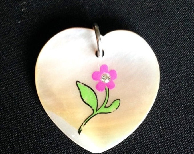Storewide 25% Off SALE Vintage Opalescent Mother Of Pearl Elegant Heart Shaped Pendant Featuring Lovely Hand Painted Pink Rose Design