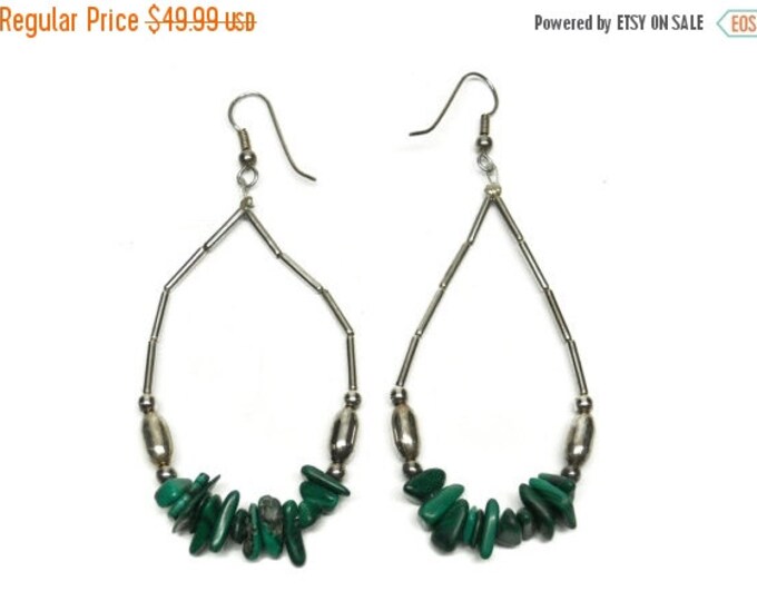 Storewide 25% Off SALE Vintage Sterling Silver Plated Malachite Designer Hoop Chandelier Earrings Featuring Green Stone Beaded Accents