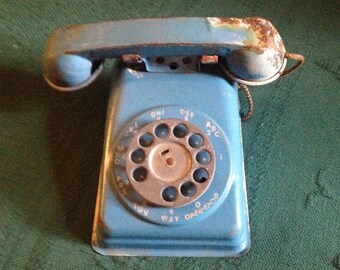 Vintage Metal Toy Telephone The Steel Stamping Co. Blue Toy Phone