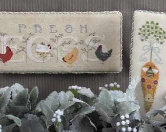 THE CRICKET COLLECTION "Free Range" | Counted Cross Stitch Pattern | Fresh Eggs, Chickens, Bee's Garden, Carrot, Bee, Bee Skep, Spring