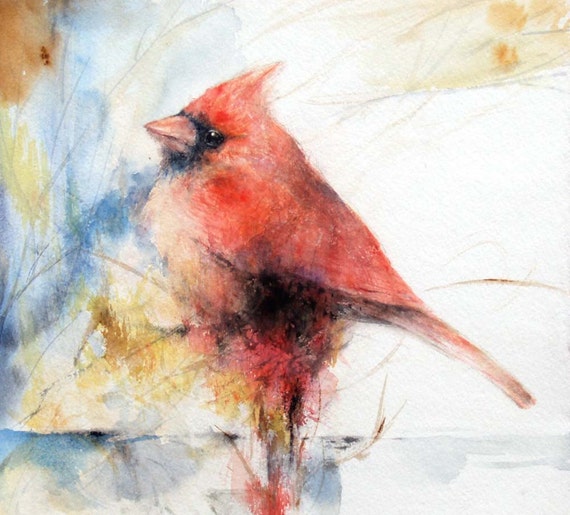 Red Cardinal Watercolor Painting Original Cardinal by KURONINJIN