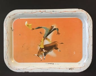 Fab Retro Modernist Cowboy Bull Rider Metal Tray Signed Beebe