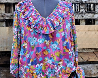 Vintage 80's Diane Freis Pink And Blue Side Tie Boho Blouse 100% Georgette Polyester