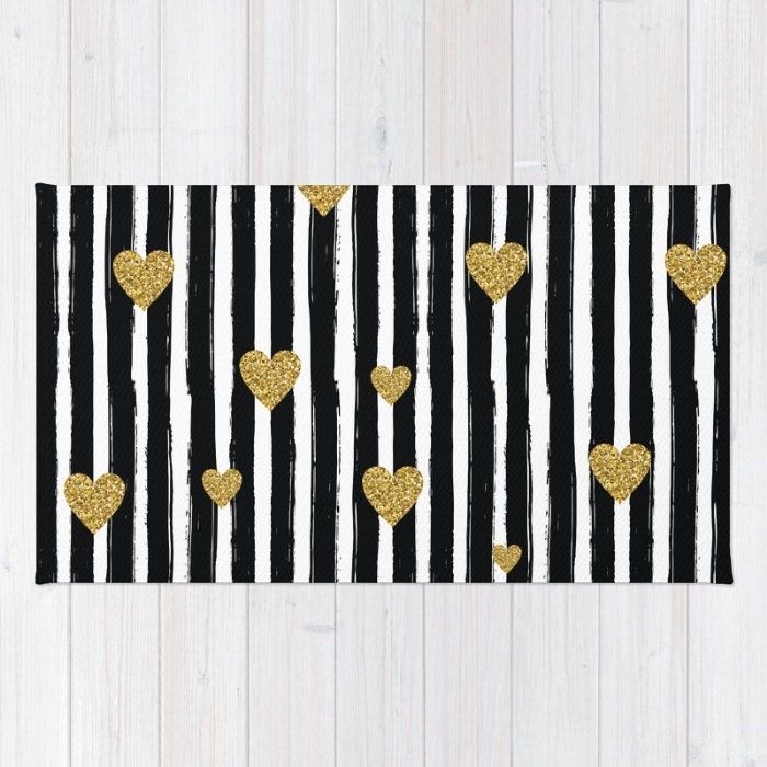 Gold Glitter Heart area rug Black and White Stripe 2x3 rug
