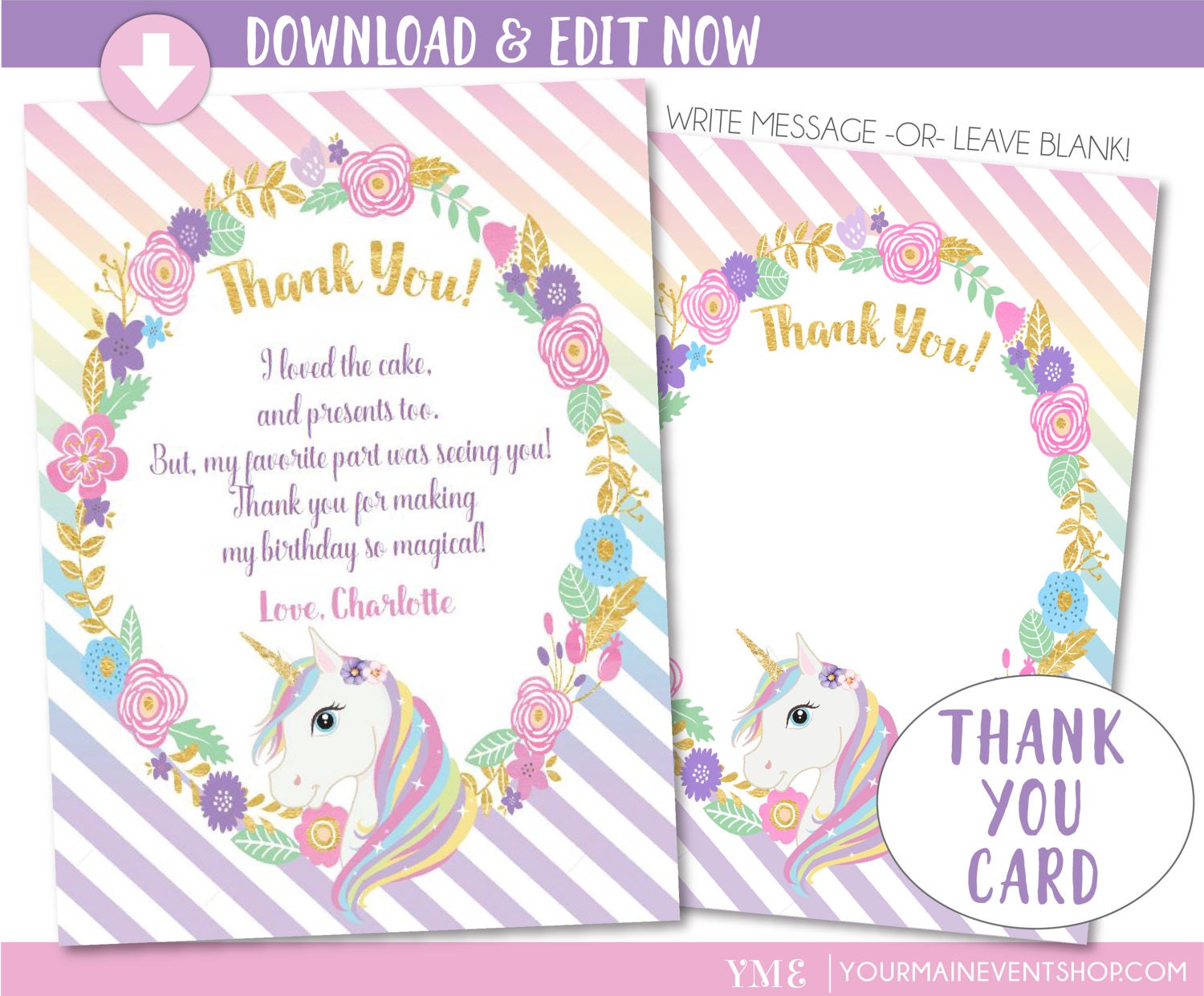 unicorn thank you card unicorn party magical rainbow unicorn