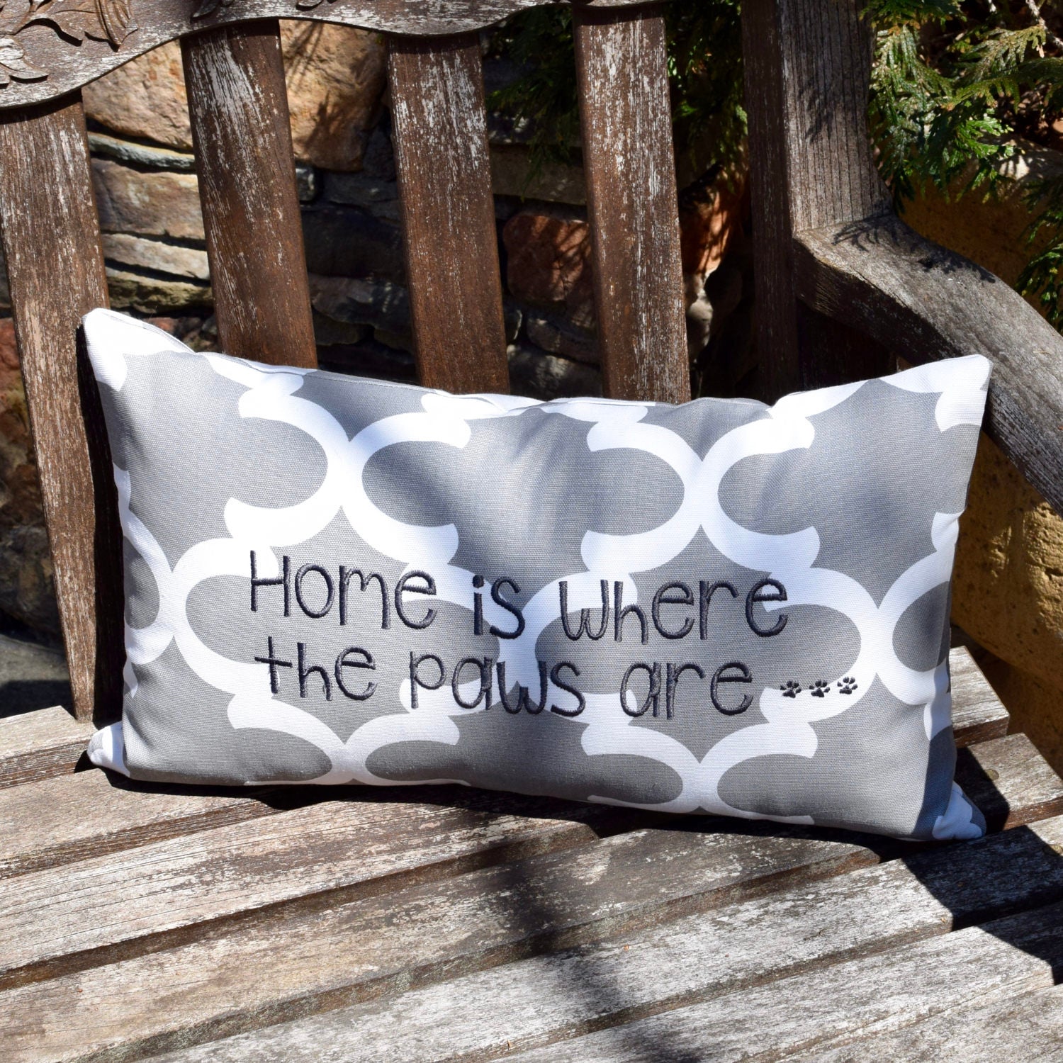 Grey Throw Pillow Home is Where to Paws are Quatrefoil