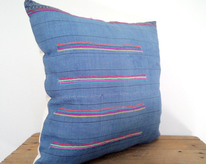18"x18" Beautiful Blue with Neon Stripes Ethnic Hmong Fabric Pillow Cover, Vintage Hill Tribe Textile Pillow Case, Bohemian Throw Pillow