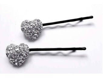 Diamante hair pins, sparkly hair pins, heart hair pins, wedding accessories, bridal hair pins, diamante bobby pins, heart bobby pins