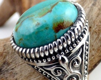 BAGUE HOMME TURQUOISE chevaliere turquoise bijou pierre naturelle protection argent vk68