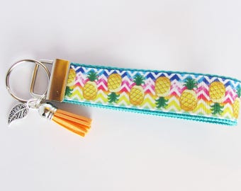 Rainbow Chevron Pineapple Key Fob - Pineapple Wristlet Key Fob - Pineapple Keychain - Pineapple Tassel Key Fob - Tassel And Charm Key Fob