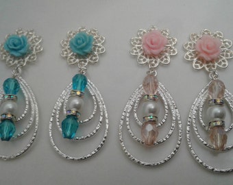 Wedding style, Roses and Crystals three silver teardrop dangles ear plugs, Bride, Bridesmaid, Tunnels or clear acrylic plugs