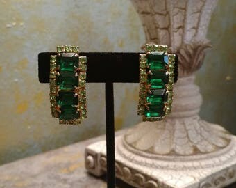 Vintage Green Rhinestone Clip On Earrings