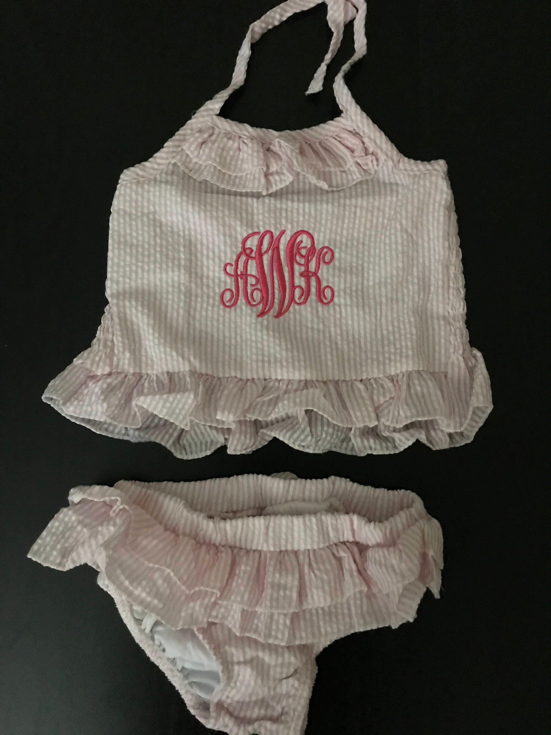 Monogrammed Seersucker Swimsuit/ Girls Monogrammed Two Piece