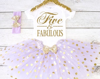 Five and Fabulous. Girls Birthday Outfit. Tutu Set. Girl's 5th Birthday Tutu Outfit. Birthday Outfit Girl. Girl Outfit S6 5BD (LAV)