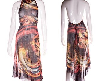 Jean Paul Gaultier Vintage Sheer Turtleneck Backless Marble Print 90s Dress