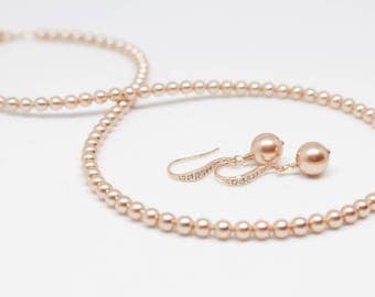 Swarovski Rose Gold Pearl Necklace and Earring Set - Wedding Jewelry for Brides, Bride Jewelry, Swarovski Pearl Earrings, Rose Gold Earrings