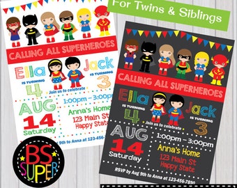 SUPERHERO PARTY Invitation, Two kids Superhero Party Birthday invitation, Twins Party invite, joint birthday party, sibling birthday