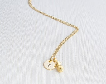 Gold Initial & Pineapple Necklace, Initial Jewelry, Gold Plated Disc Necklace, Gold Pineapple Necklace, A great gift idea