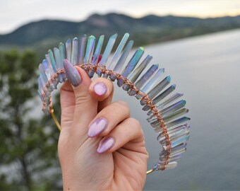Lavender Mist Quartz Crystal Crown, Rainbow Mermaid Crown, Quinceañera Tiara, Wedding Wreath